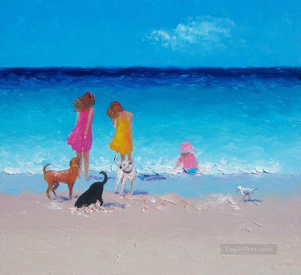girls and dogs at beach Child impressionism Oil Paintings